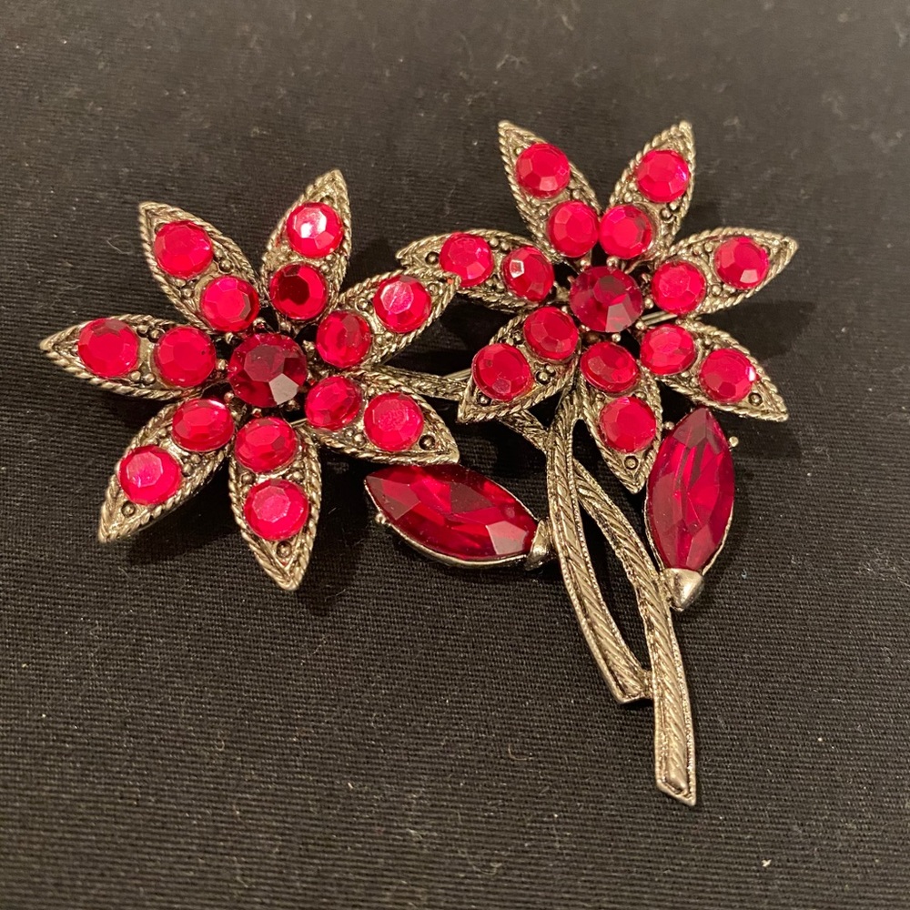 Vintage Bright Pink Rhinestone Two Flower Brooch
